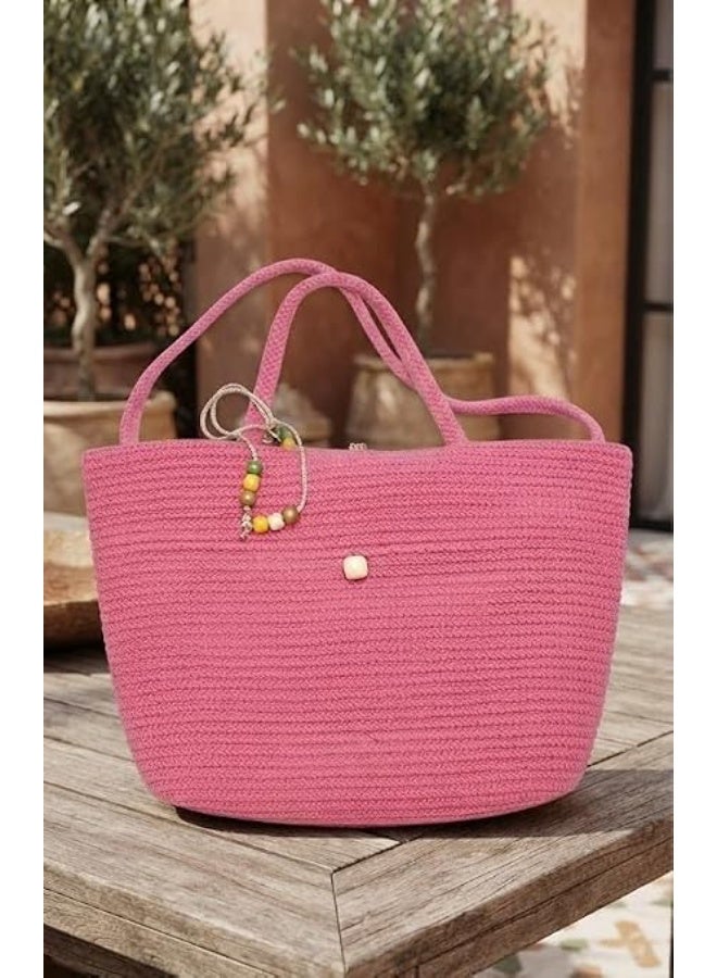 Large Handmade Fuchsia Macrame Tote Bag with Colorful Beads – Spacious Beach Bag - Image 2