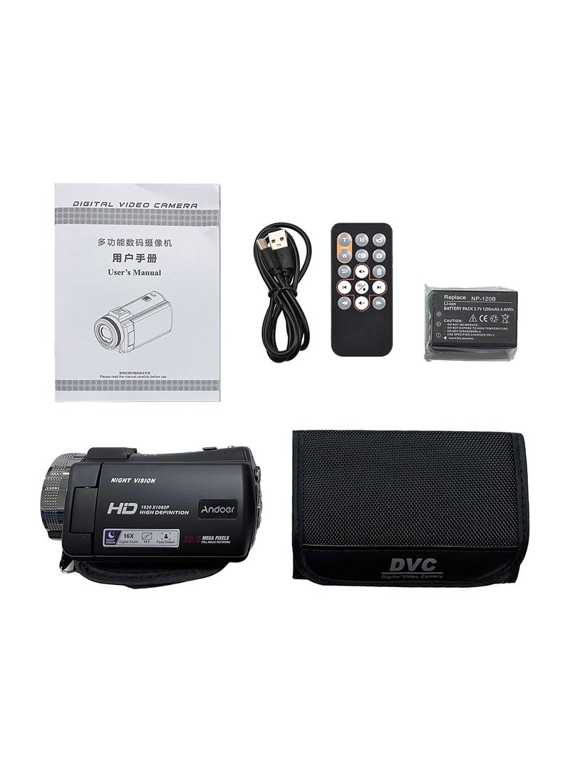 Andoer V12 1080P Full HD 16X Digital Zoom Recording Video Camera Portable Camcorder with 3.0 Inch Rotatable LCD Screen Max. 30 Mega Pixels Support Night Vision Face Detection Face Beautification
