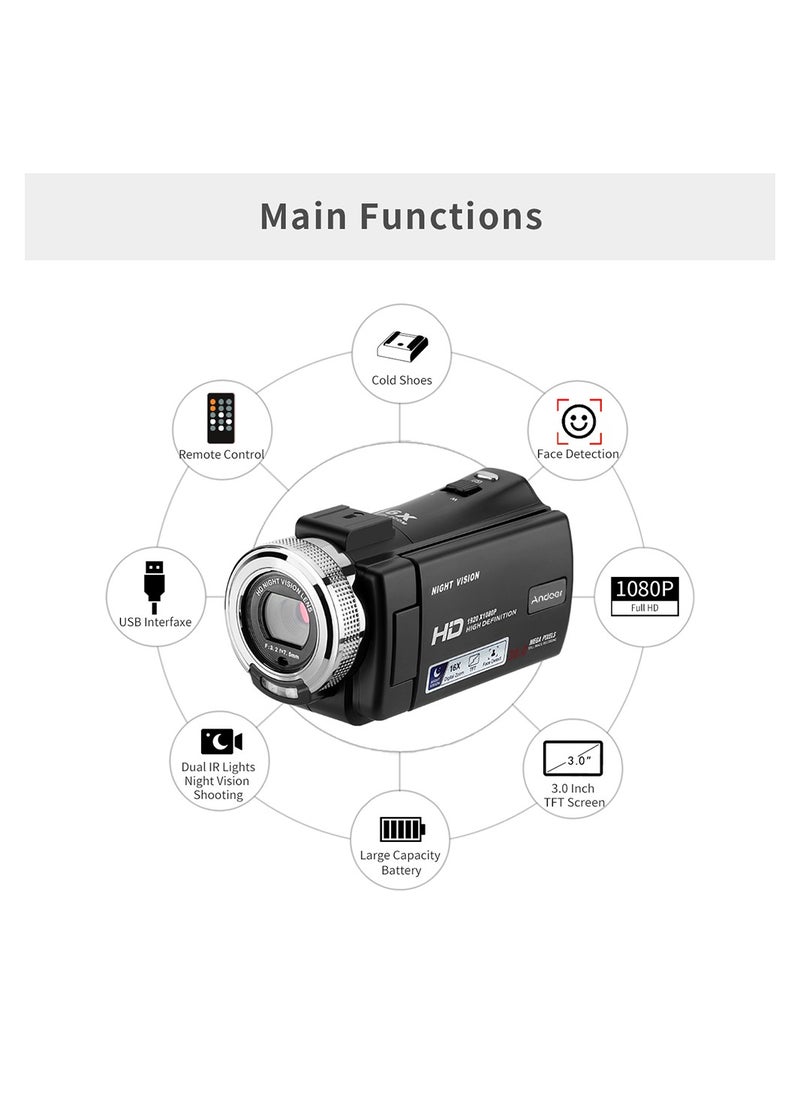 Andoer V12 1080P Full HD 16X Digital Zoom Recording Video Camera Portable Camcorder with 3.0 Inch Rotatable LCD Screen Max. 30 Mega Pixels Support Night Vision Face Detection Face Beautification