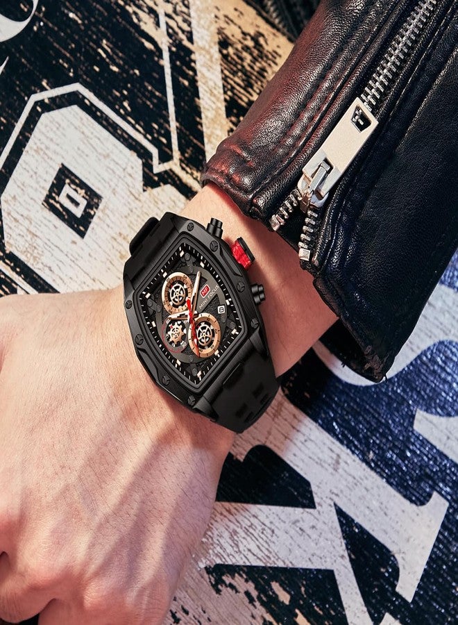 MF MINI FOCUS Men Watch Unique Tonneau Casual Wrist Watches (Chronograph/Waterproof/Luminous/Calendar/24 Hours) Silicon Band Fashion Watch for Men (Black & Orange)) - Image 3