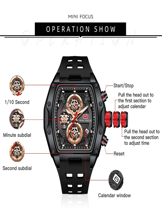 MF MINI FOCUS Men Watch Unique Tonneau Casual Wrist Watches (Chronograph/Waterproof/Luminous/Calendar/24 Hours) Silicon Band Fashion Watch for Men (Black & Orange)) - Image 5