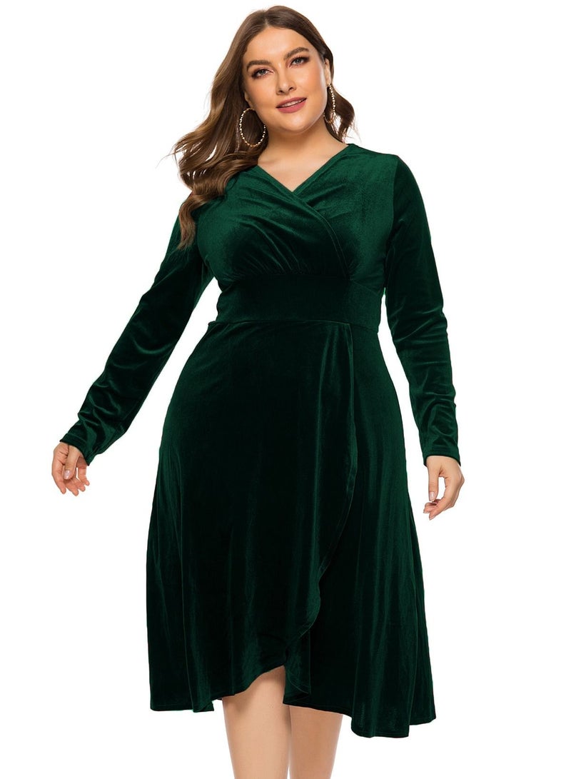Loquat Women's Autumn V-Neck Long Sleeved Gold Velvet Dress  - Image 1