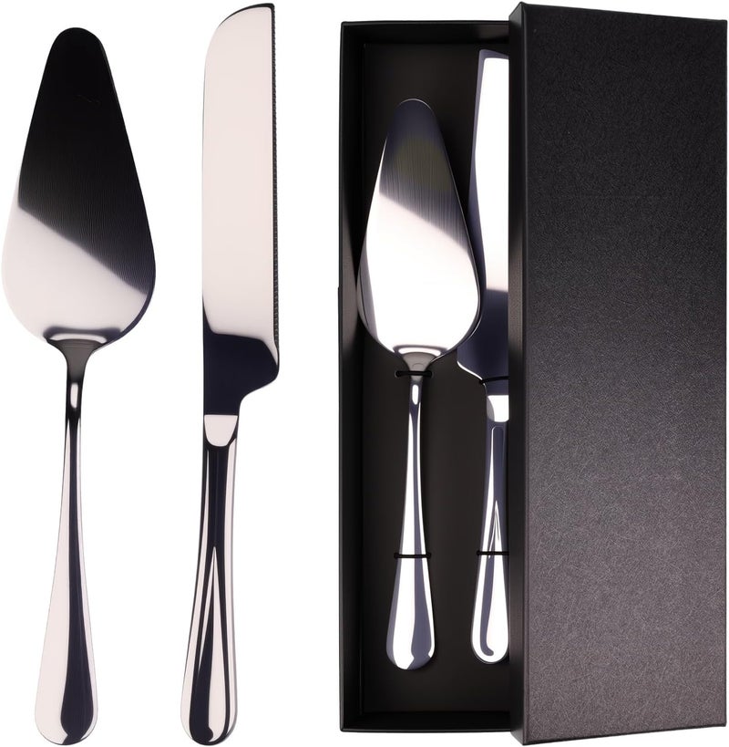 Auerllcy Stainless Steel Cake Knife and Server Set – 2-Piece Wedding Cake Cutting Set with Gift Box – Elegant Pie and Pizza Serving Utensils for Parties, Birthdays, Anniversaries (Silver) - Image 1
