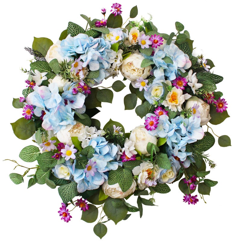 Ecerangus 24 Inch Spring Wreaths for Front Door, Spring Wreath,Blue Hydrangea Wreath,Large Spring Summer Door Wreaths for Front Door Outside All Season Home Decor (Blue) - Image 1