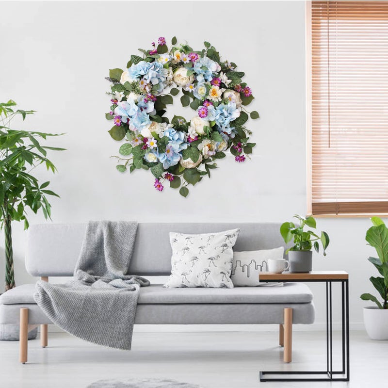 Ecerangus 24 Inch Spring Wreaths for Front Door, Spring Wreath,Blue Hydrangea Wreath,Large Spring Summer Door Wreaths for Front Door Outside All Season Home Decor (Blue) - Image 5