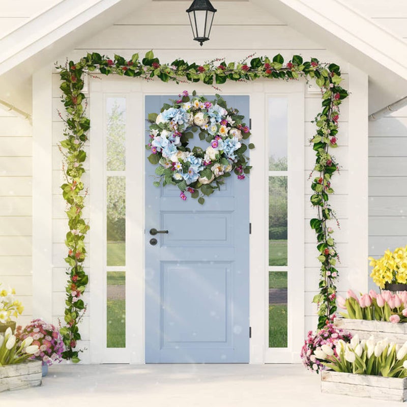 Ecerangus 24 Inch Spring Wreaths for Front Door, Spring Wreath,Blue Hydrangea Wreath,Large Spring Summer Door Wreaths for Front Door Outside All Season Home Decor (Blue) - Image 4