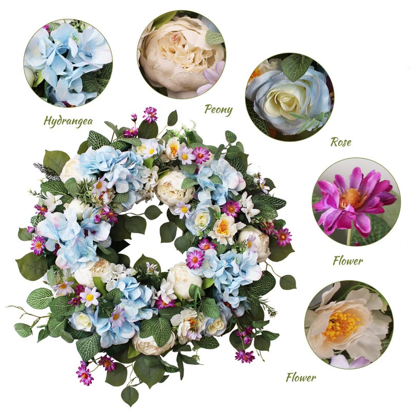 Ecerangus 24 Inch Spring Wreaths for Front Door, Spring Wreath,Blue Hydrangea Wreath,Large Spring Summer Door Wreaths for Front Door Outside All Season Home Decor (Blue) - Image 2
