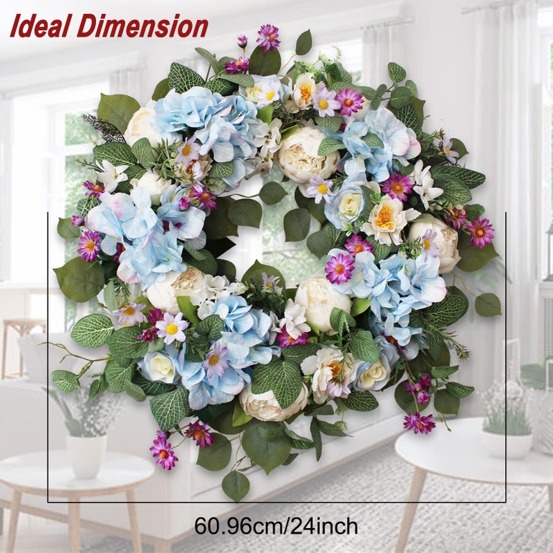 Ecerangus 24 Inch Spring Wreaths for Front Door, Spring Wreath,Blue Hydrangea Wreath,Large Spring Summer Door Wreaths for Front Door Outside All Season Home Decor (Blue) - Image 3