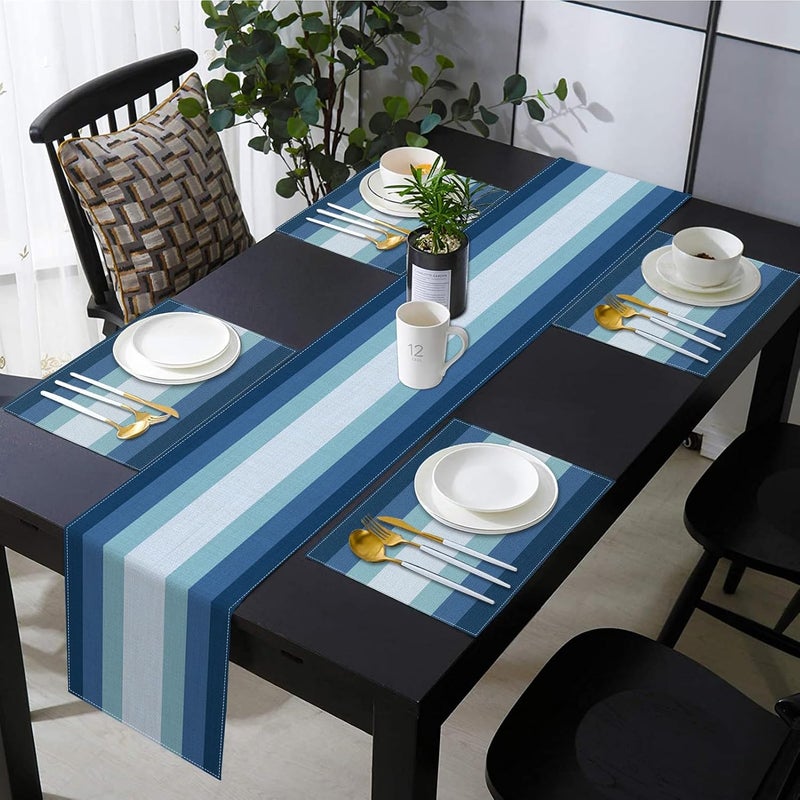 Emvency Navy Blue Gradient Table Runner and Placemats Set of 6, Modern Abstract Geometric Painting Art Dining Decor for Daily Use(1 Table Runner 72 inches Long and 6 Placemats) - Image 5