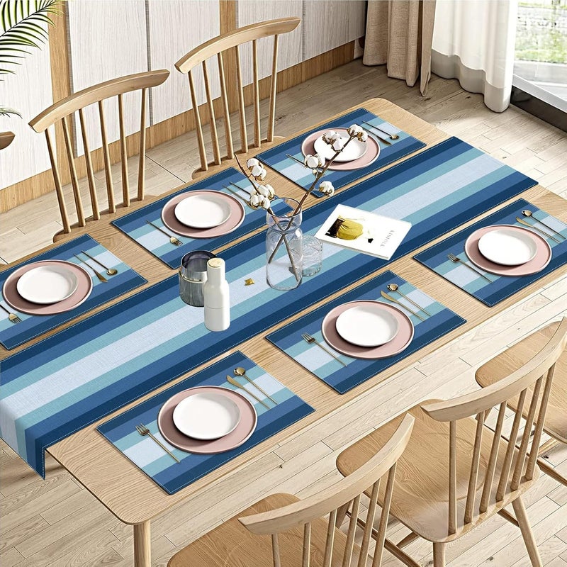 Emvency Navy Blue Gradient Table Runner and Placemats Set of 6, Modern Abstract Geometric Painting Art Dining Decor for Daily Use(1 Table Runner 72 inches Long and 6 Placemats) - Image 1