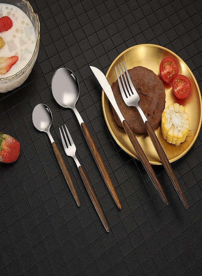 TOMATUS طقم أدوات مائدة فاخر من 5 قطع من TOMATUS®، طقم فضي، طقم أدوات مائدة بمقبض خشبي من الفولاذ المقاوم للصدأ 18/10، مثالي للمنزل والتخييم والحفلات. (فضي) - Image 3