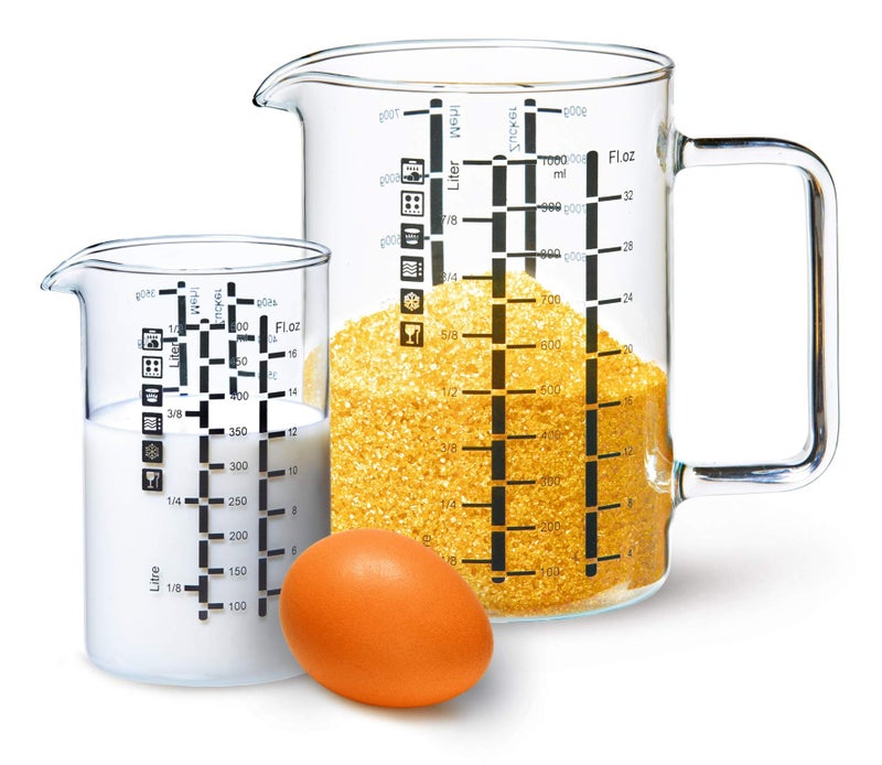 سيماكس كوب قياس زجاجي من سيماكس، زجاج بوروسيليكات متين، قياسات مترية سهلة القراءة باللتر أونصة سكر، جرامات سكر، فوهة خالية من التنقيط، آمنة للاستخدام في الميكروويف، عبوة من 2 تتضمن 32 أونصة و16 أونصة - Image 1