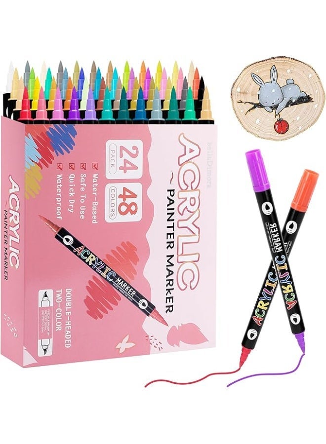 KASTWAVE 48 Colors Fabric Markers, Paint Pens Acrylic Markers Set, 24 pcs Dual Brush Tip & Two Colors Acrylic Paint Pens, Waterproof, Quick Dry for Clothing Glass, Rock Painting, Wood, DIY Crafts - Image 1