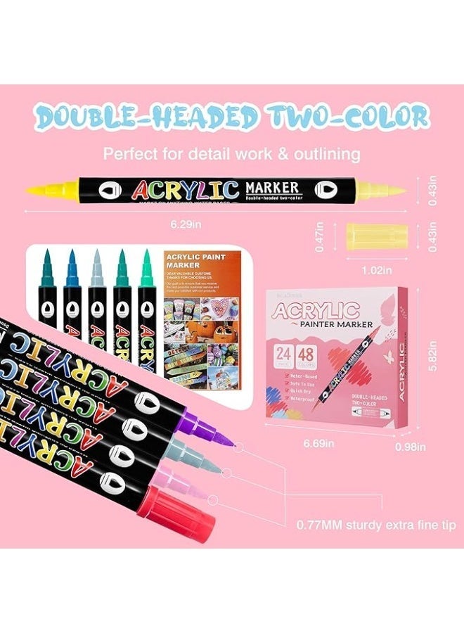 KASTWAVE 48 Colors Fabric Markers, Paint Pens Acrylic Markers Set, 24 pcs Dual Brush Tip & Two Colors Acrylic Paint Pens, Waterproof, Quick Dry for Clothing Glass, Rock Painting, Wood, DIY Crafts - Image 3