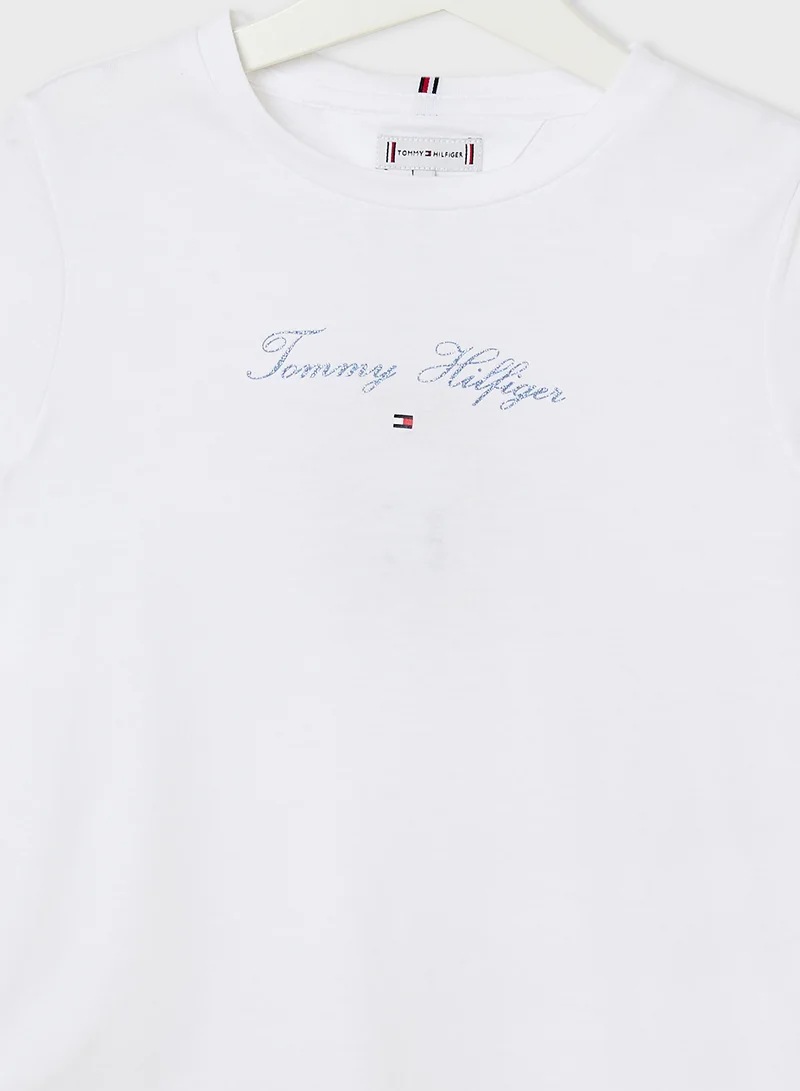 تومي هيلفيغر Kids Crew Neck Script Logo Slim Fit T-Shirt