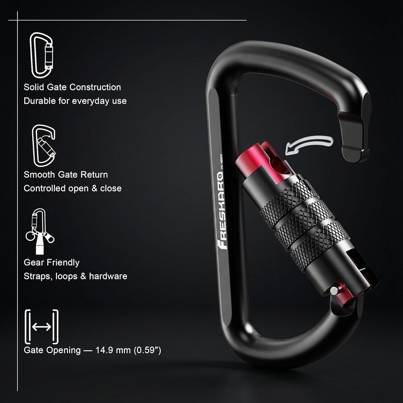 FresKaro 3inch 12kN-2698lbs Auto Locking Carabiner Clips, Solid D Shape, Heavy Duty 7075 Aluminum, Lightweight 1.09oz, Rust Proof, for Hammock, Hiking, Dog Leash, Keychain etc., Multi-Colors - Image 3