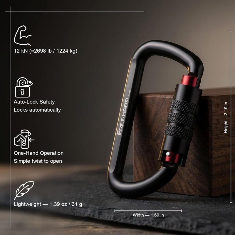 FresKaro 3inch 12kN-2698lbs Auto Locking Carabiner Clips, Solid D Shape, Heavy Duty 7075 Aluminum, Lightweight 1.09oz, Rust Proof, for Hammock, Hiking, Dog Leash, Keychain etc., Multi-Colors - Image 2