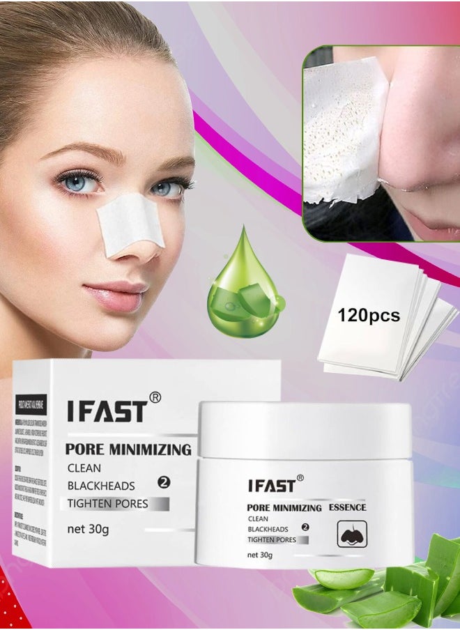 iFast Pore Minimizing Essence Blackhead Remover Nose Mask Pore Cleanser Purifying Peel off Face Mask with 60Pcs Strips Clean Tighten Pores and Remove Blackheads Nose Plants Pore Strips 30g  - Image 1