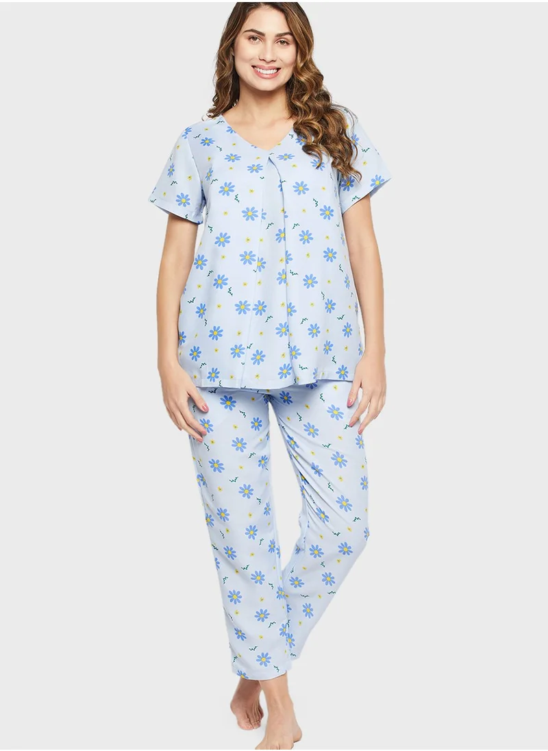 Clovia V-Neck Floral Print Top & Pyjama Set