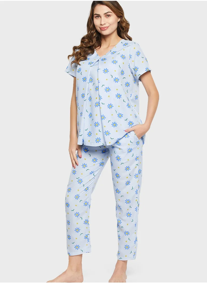 Clovia V-Neck Floral Print Top & Pyjama Set