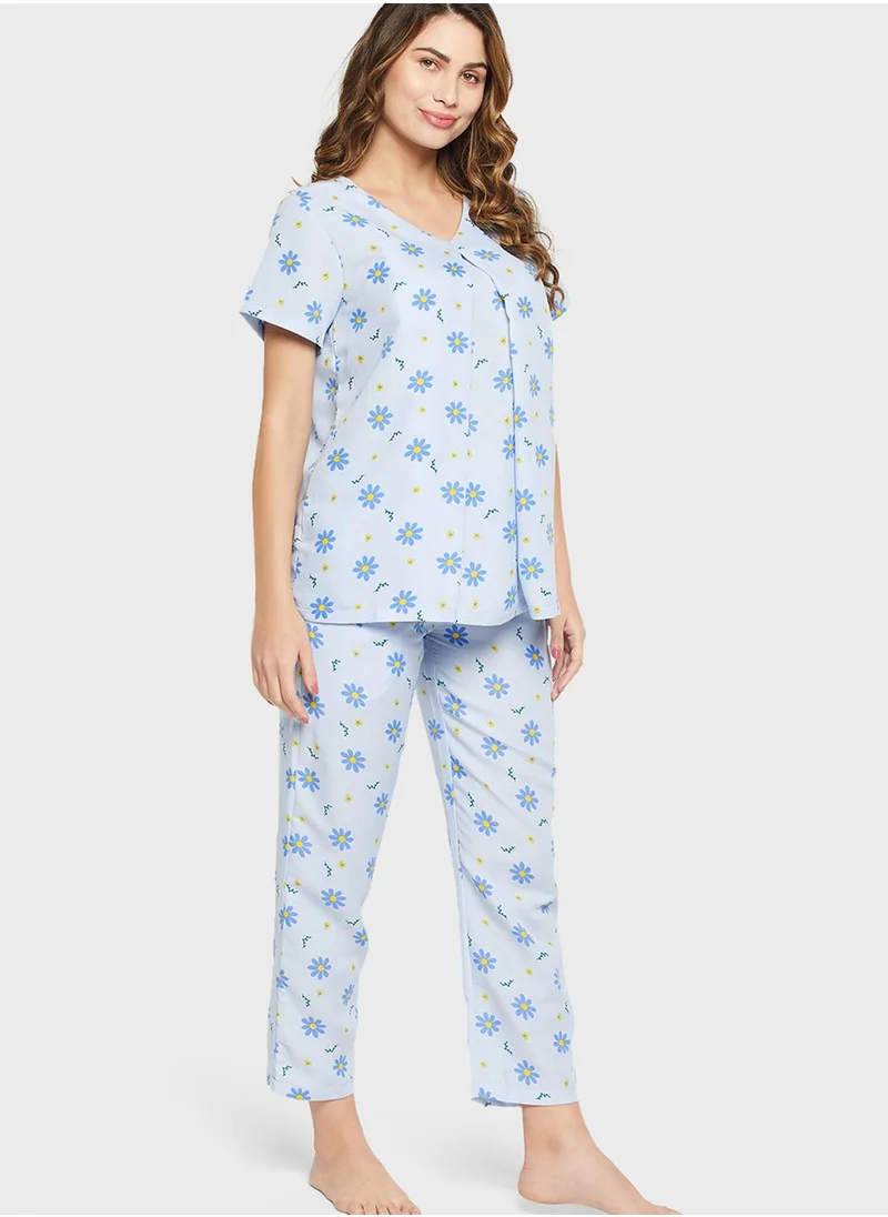 Clovia V-Neck Floral Print Top & Pyjama Set