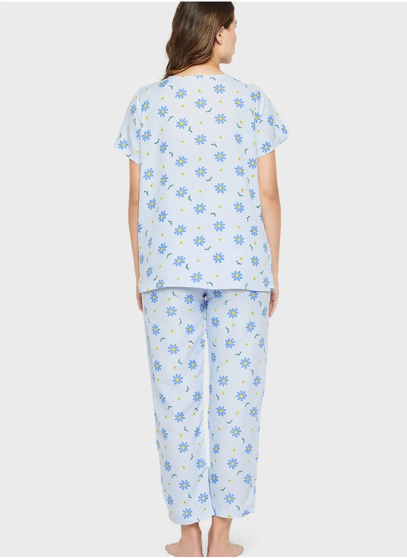 Clovia V-Neck Floral Print Top & Pyjama Set