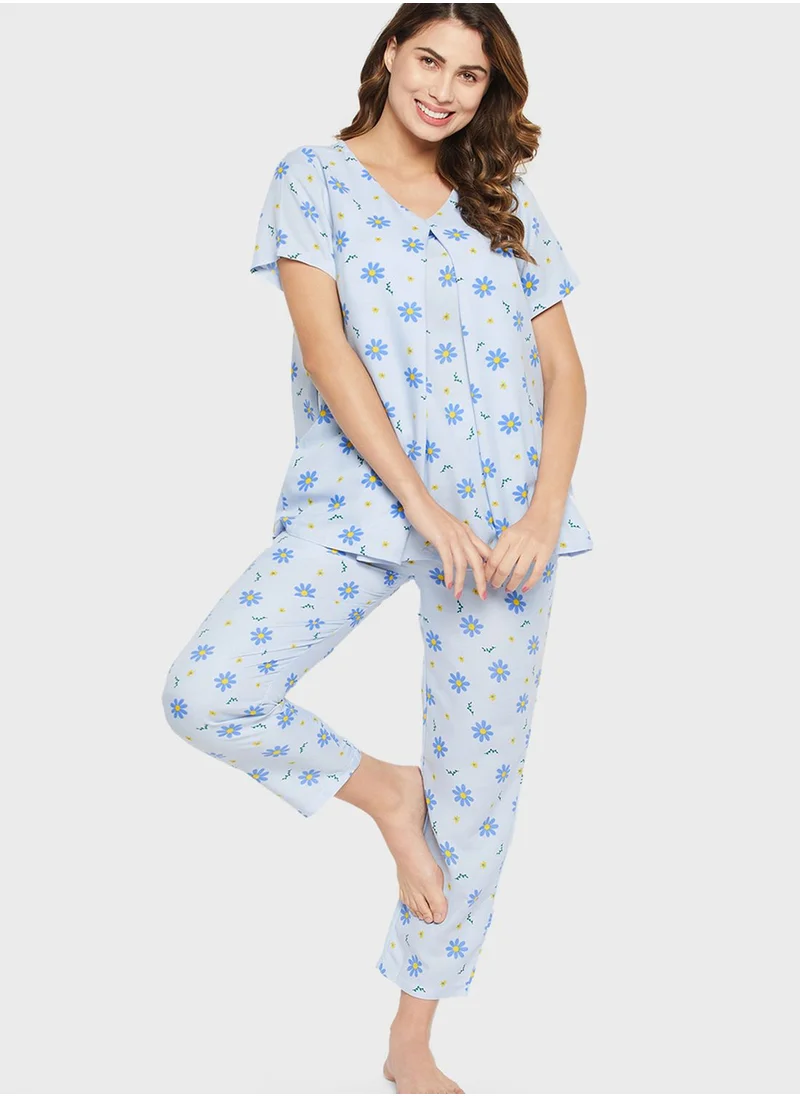 Clovia V-Neck Floral Print Top & Pyjama Set
