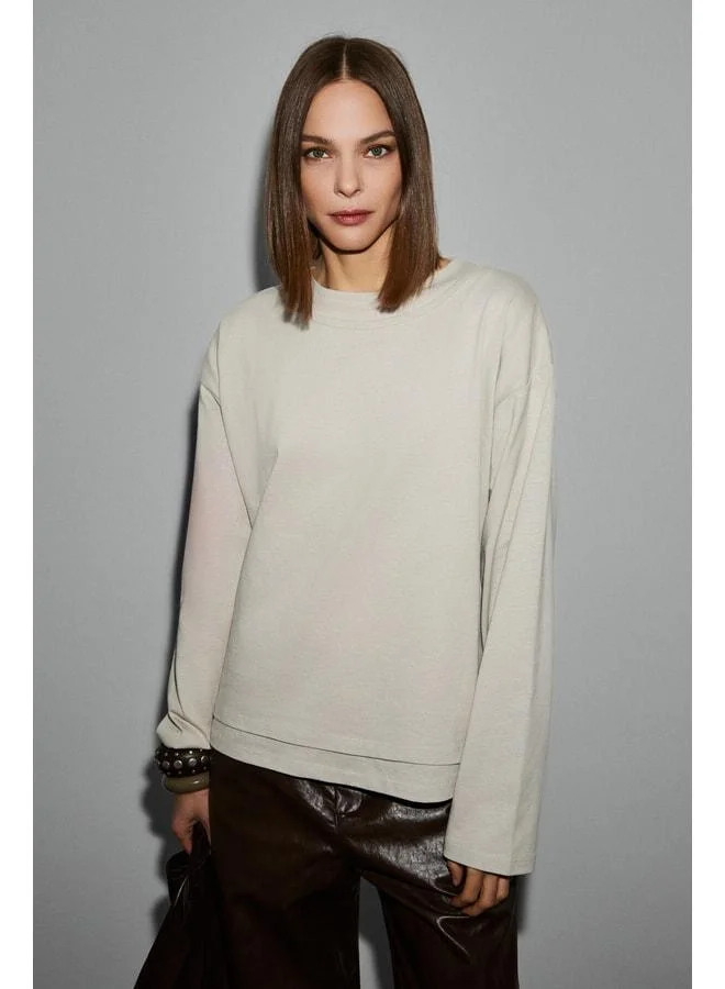 GRIMELANGE LIORE Women's Organic Cotton Round Neck Double-Layer Oversized Stone Color T-Shirt.