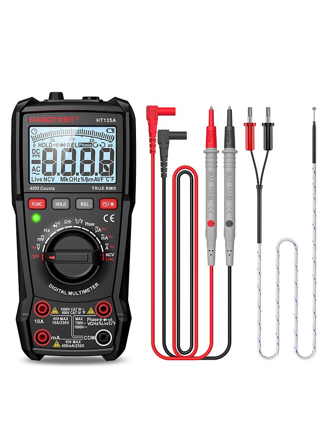 HABOTEST - HT135A Multifunctional Digital Multimeter LCD Color Display Handheld Multimeter 4000 True RMS Counts Professional Voltage Current Capacitance Resistance - Image 1