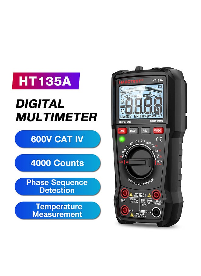 HABOTEST - HT135A Multifunctional Digital Multimeter LCD Color Display Handheld Multimeter 4000 True RMS Counts Professional Voltage Current Capacitance Resistance - Image 1