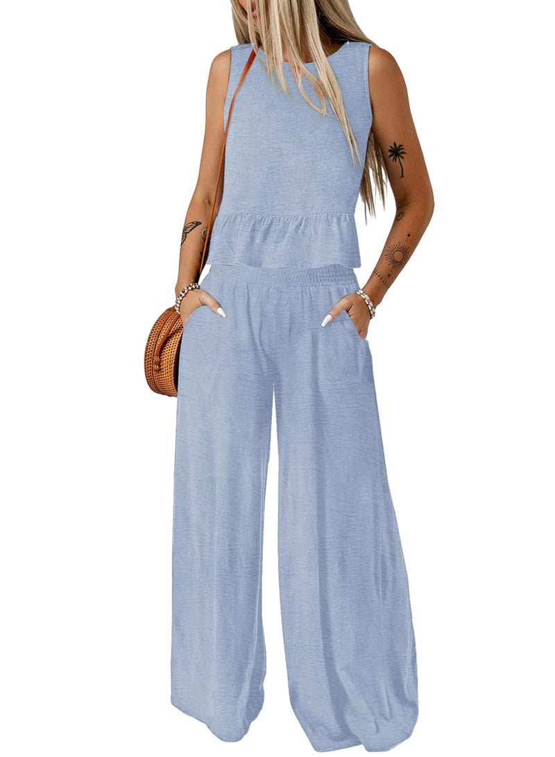 Dokotoo Two Piece Sets for Women Summer Crop Top Womens Fashion Matching Sets Women Clothing Lounge Sets Beach Vacation Clothes Lignt Blue Medium - Image 1