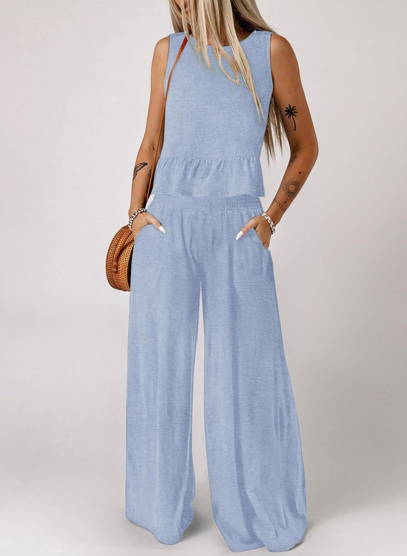Dokotoo Two Piece Sets for Women Summer Crop Top Womens Fashion Matching Sets Women Clothing Lounge Sets Beach Vacation Clothes Lignt Blue Medium - Image 2