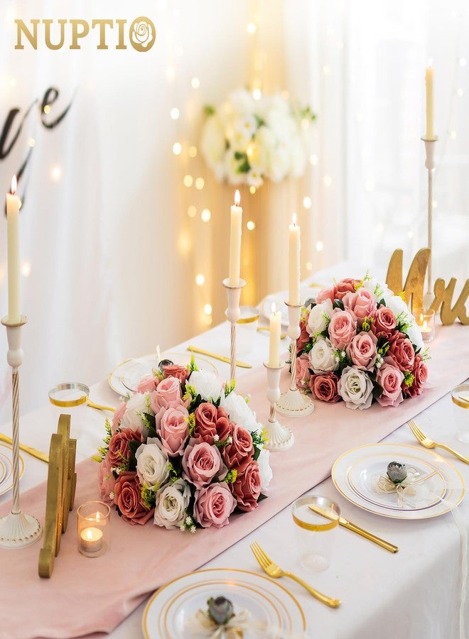 NUPTIO Large Flower Balls for Centerpieces - 2 Pcs 13.8in Diameter Dusty Rose & White Artificial Flower Ball Arrangement Bouquet Wedding Centerpieces for Tables - Fake Rose Flowers for Weddings Decor - Image 4