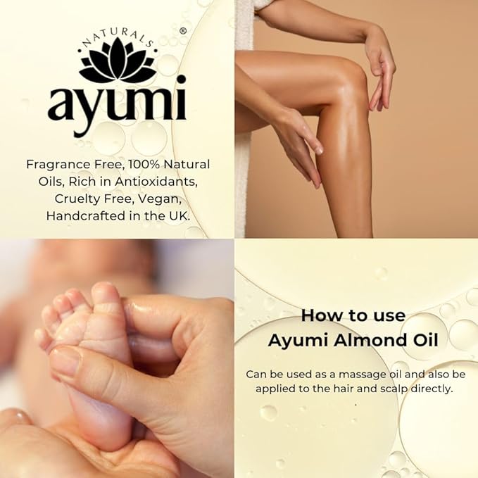Ayumi Pure Almond Oil Cold Pressed Almond Oil For Softer Skin Healthier Hair Relaxed Body With Vitamin A E Omega 3 6 9 2 x 150ml