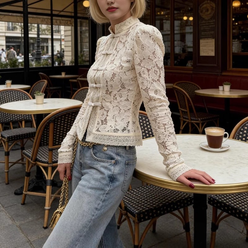 Women's Lace Stand Collar Slim Fit Casual Shirt - Image 3