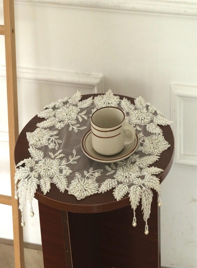 VIRFONOR Handmade Embroidery Beaded lace Doilies - Home Decor Mat for Coffee Table, Ornaments, Flower Pot, Home, Wedding Decoration, (23.6’’x23.6’’, Beige) - Image 2