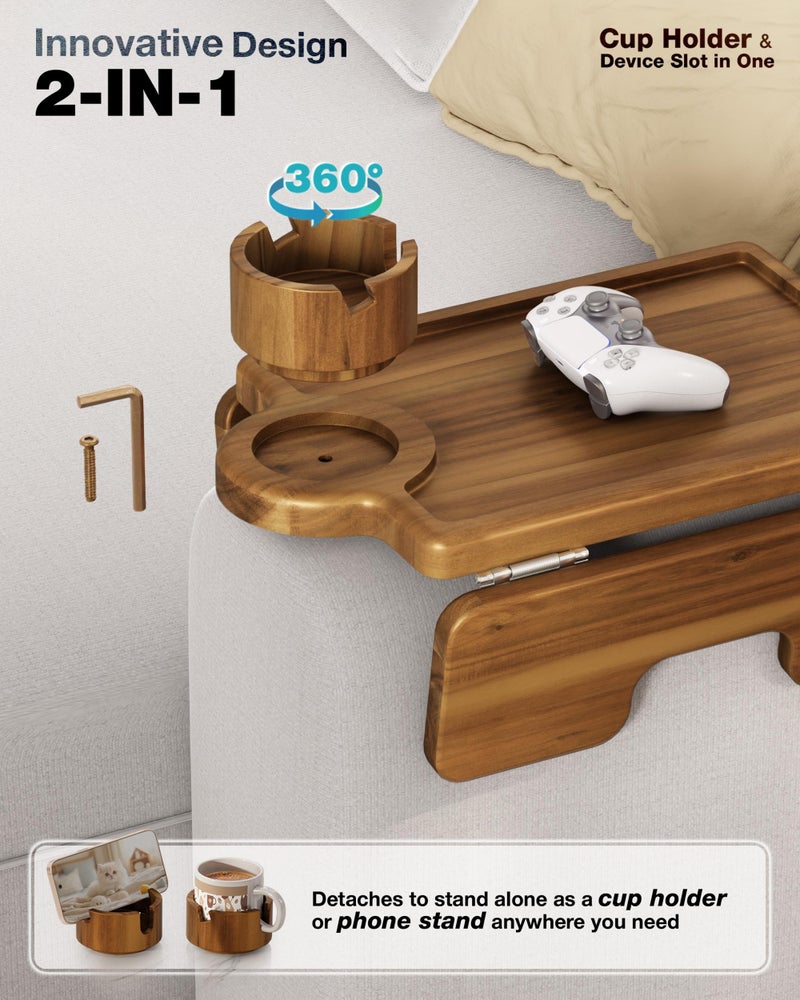 BLUEWEST Couch Cup Holder Tray & Sofa Arm Tray â€“ Large 2-in-1 Acacia Wood Clip-On Side Table with 360Â° Cup Holder on Armrest, Double SS304 Hinges, Non-Slip for TV Dinners, Remote, Drinks & Snacks - Image 5