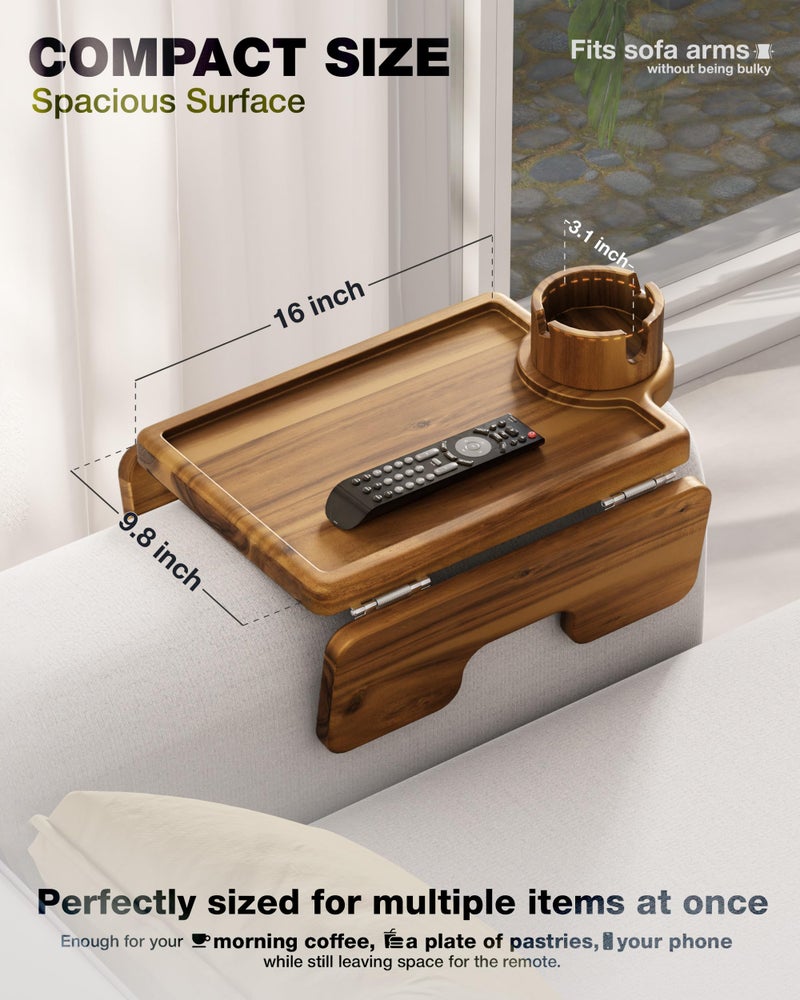 BLUEWEST Couch Cup Holder Tray & Sofa Arm Tray â€“ Large 2-in-1 Acacia Wood Clip-On Side Table with 360Â° Cup Holder on Armrest, Double SS304 Hinges, Non-Slip for TV Dinners, Remote, Drinks & Snacks - Image 3