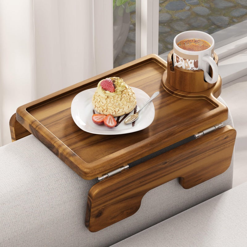 BLUEWEST Couch Cup Holder Tray & Sofa Arm Tray â€“ Large 2-in-1 Acacia Wood Clip-On Side Table with 360Â° Cup Holder on Armrest, Double SS304 Hinges, Non-Slip for TV Dinners, Remote, Drinks & Snacks - Image 1