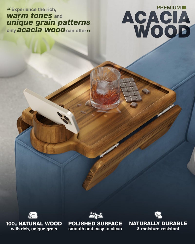 BLUEWEST Couch Cup Holder Tray & Sofa Arm Tray â€“ Large 2-in-1 Acacia Wood Clip-On Side Table with 360Â° Cup Holder on Armrest, Double SS304 Hinges, Non-Slip for TV Dinners, Remote, Drinks & Snacks - Image 2