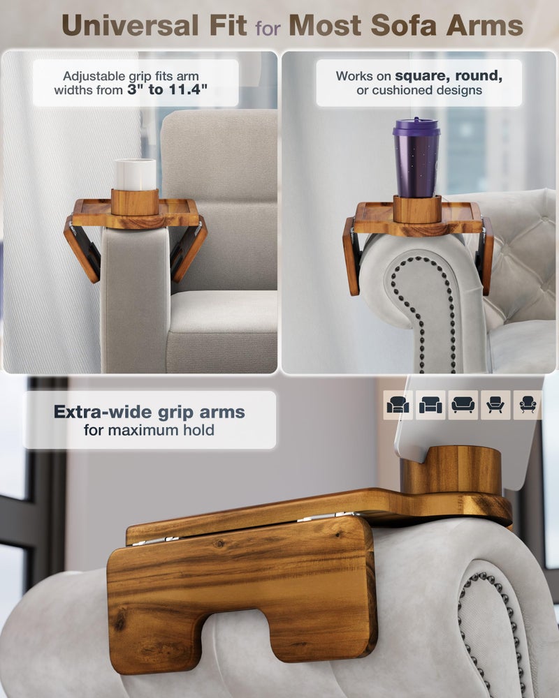 BLUEWEST Couch Cup Holder Tray & Sofa Arm Tray â€“ Large 2-in-1 Acacia Wood Clip-On Side Table with 360Â° Cup Holder on Armrest, Double SS304 Hinges, Non-Slip for TV Dinners, Remote, Drinks & Snacks - Image 4