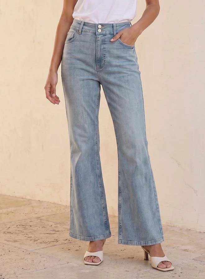 Denim High Waist Bootcut Jeans with Pockets