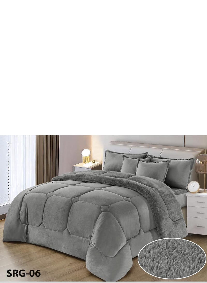 مينج لي مفرش نفرين نظام وجهين وجه مخمل ووجه فرو ناعم نظام 6قطع حشوه وسط عملي /King size230*250cm/ رمادي