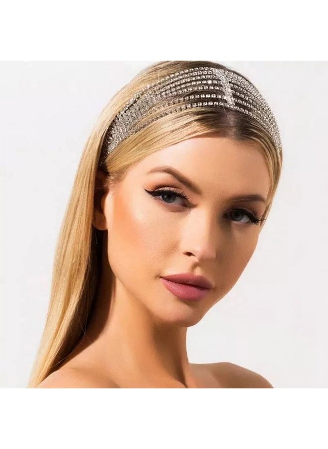 YERTTER Brides Silver Rhinestone Elastic Head Chain Tassel Head Accessories Jewelry Hair Chain Crystal Headband Headpiece Boho Hair Accessories For Women Brides Prom Costume(Silver 1)  - Image 1