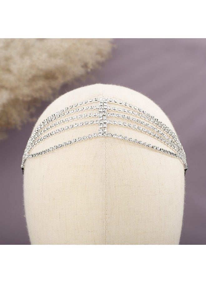 YERTTER Brides Silver Rhinestone Elastic Head Chain Tassel Head Accessories Jewelry Hair Chain Crystal Headband Headpiece Boho Hair Accessories For Women Brides Prom Costume(Silver 1)  - Image 2