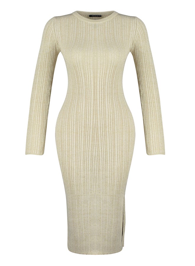 Beige Midi Glittery Knitwear Dress TWOAW24EL00047