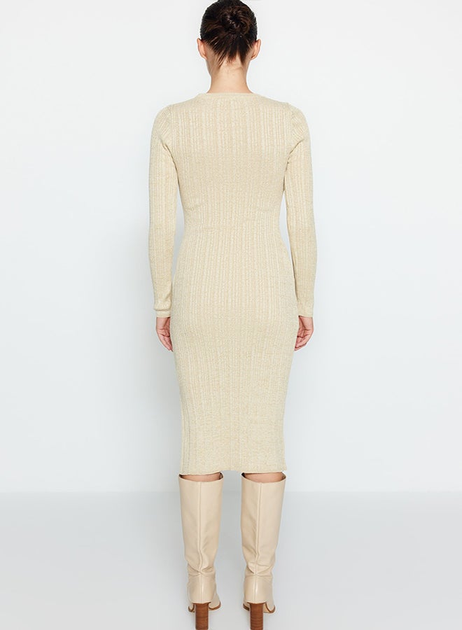 trendyol Beige Midi Glittery Knitwear Dress TWOAW24EL00047 - Image 5