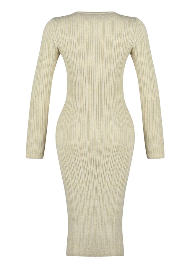 Beige Midi Glittery Knitwear Dress TWOAW24EL00047