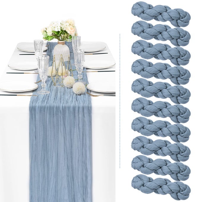 10 PACK DUSTY BLUE CHEESECLOTH TABLE RUNNER 35X120 INCH LONG SEMISHEER GAUZE TABLE RUNNER BOHO OR RUSTIC WEDDING TABLE DECOR FOR WEDDING DECOR ARCH DRAPING BRIDAL SHOWER HOLIDAY PARTY