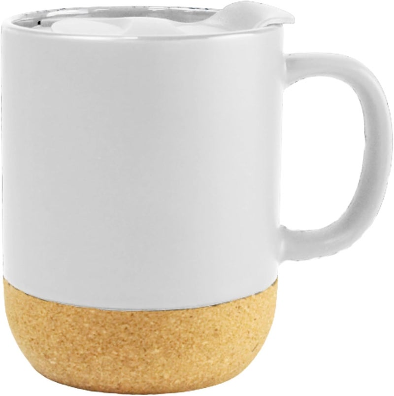 Giftmate Coffee Tea Mug with Lid | 320ml Ceramic Cork Bottom Mug for Hot & Cold Drinks | Coffee Mug with Lid for Office Home Travel | Ceramic Tea Cup White - Image 1